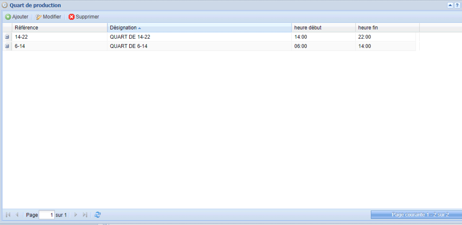 Interface fonctionnalité quart de production de gestion de la production