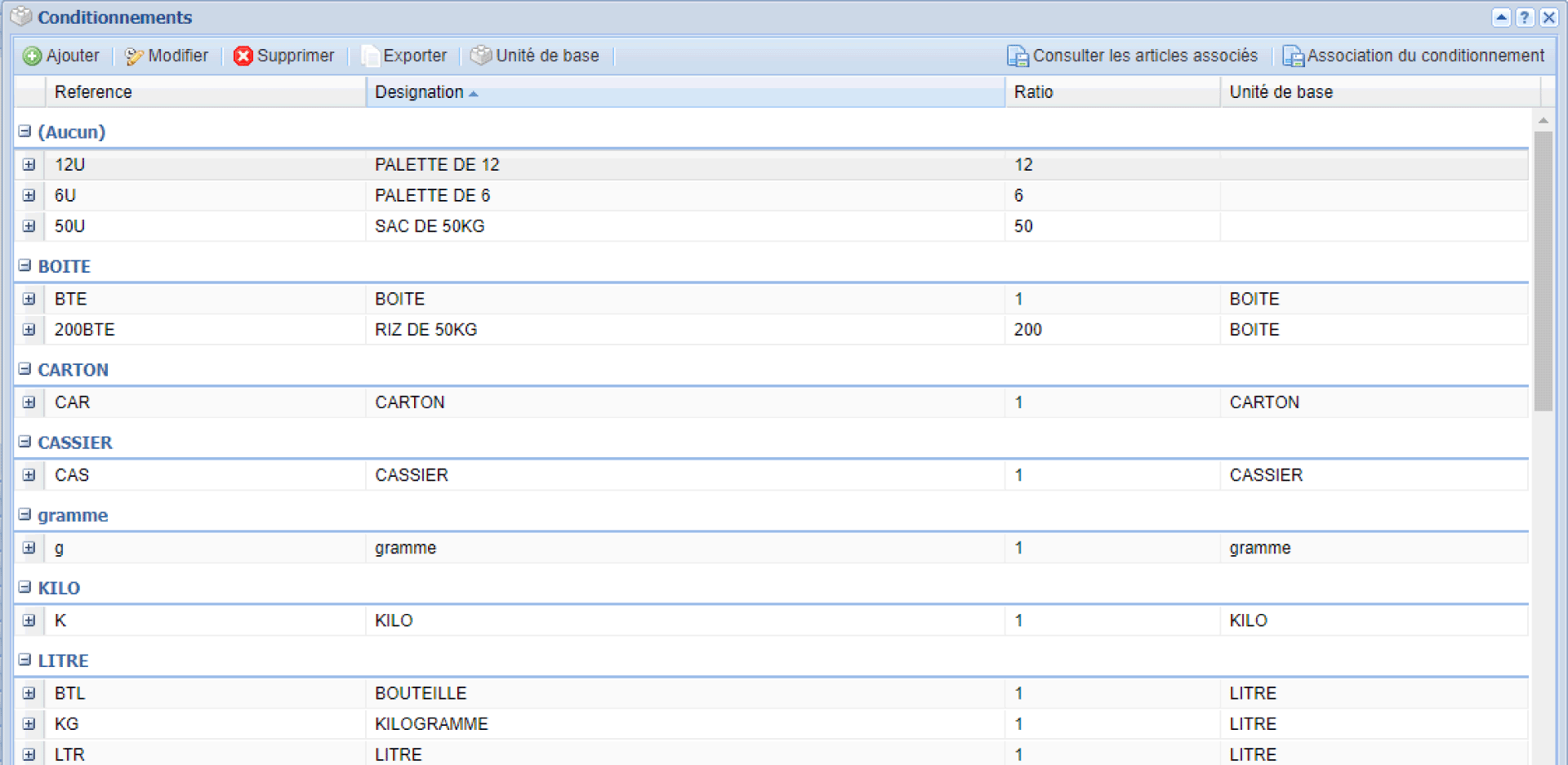 Interface conditionnements de l'application gestion de la production